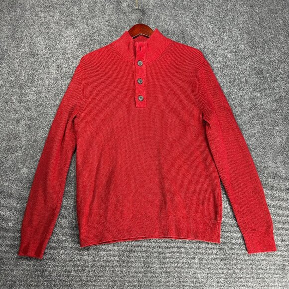 Banana Republic Sweater Mens Medium Red Cotton Mock Button Neck Ribbed Cuffs - Picture 1 of 7